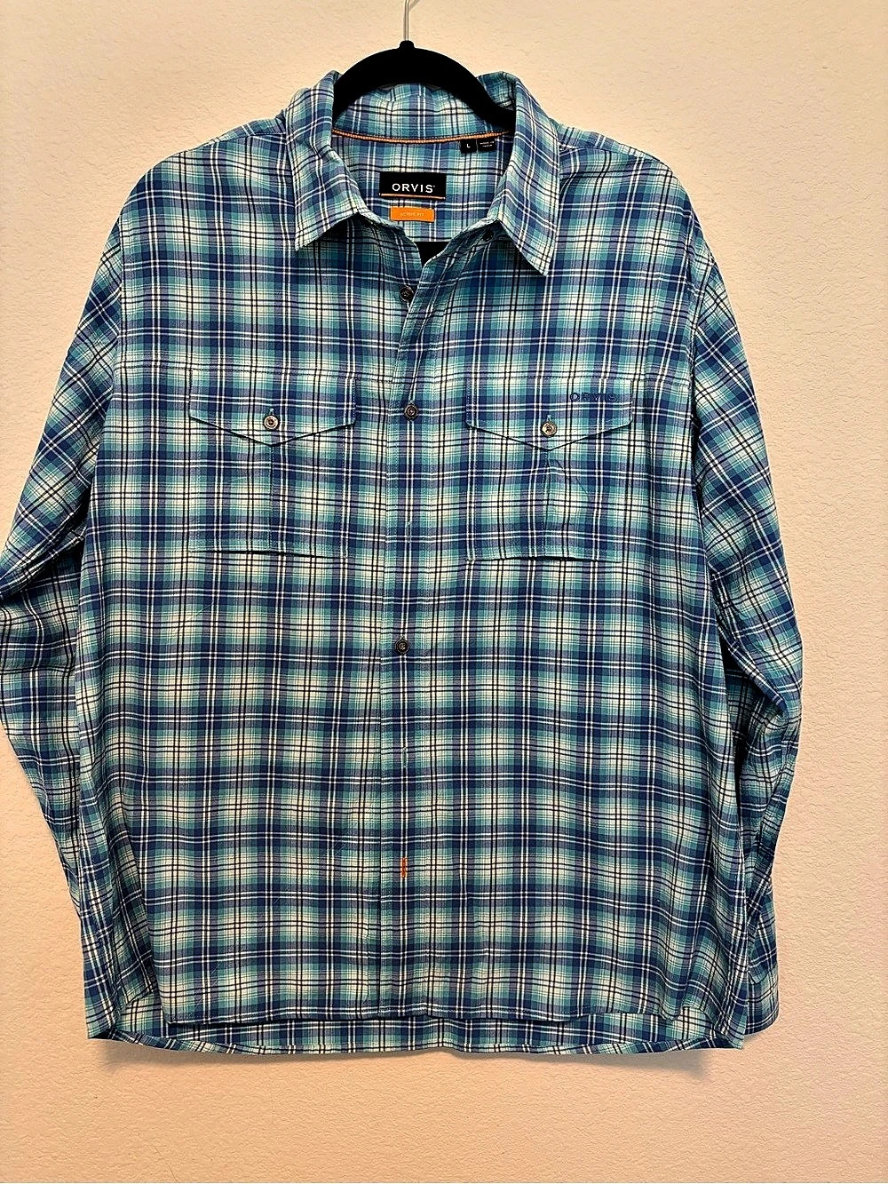 Orvis Active Fit Plaid Button Down in Blue & Green Size Large